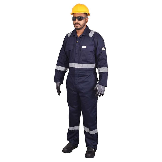 Workland KCH 230GSM 100% Cotton Fire Retardant Reftlective Tape Coverall Navy Blue - Small