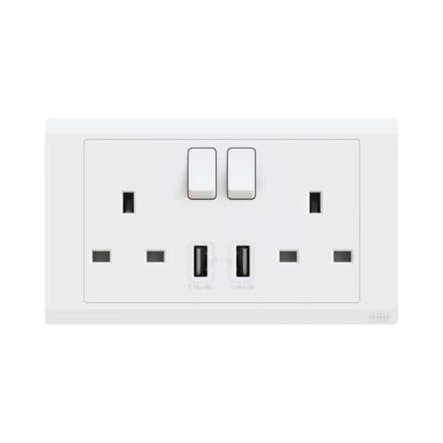 ABB 2 Gang 13Amp Switch Socket Double Pole with USB, Inora BL262, White