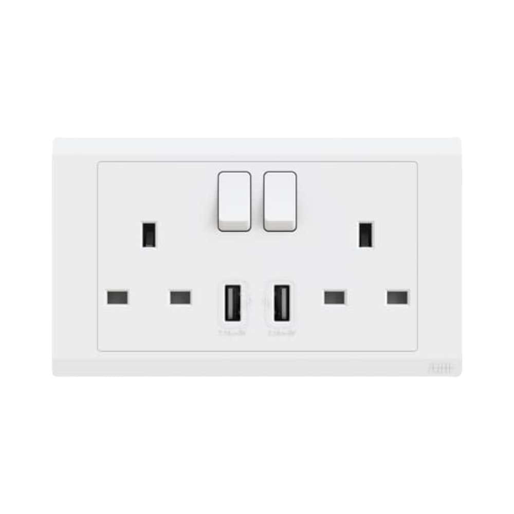 ABB 2 Gang 13Amp Switch Socket Double Pole with USB, Inora BL262, White