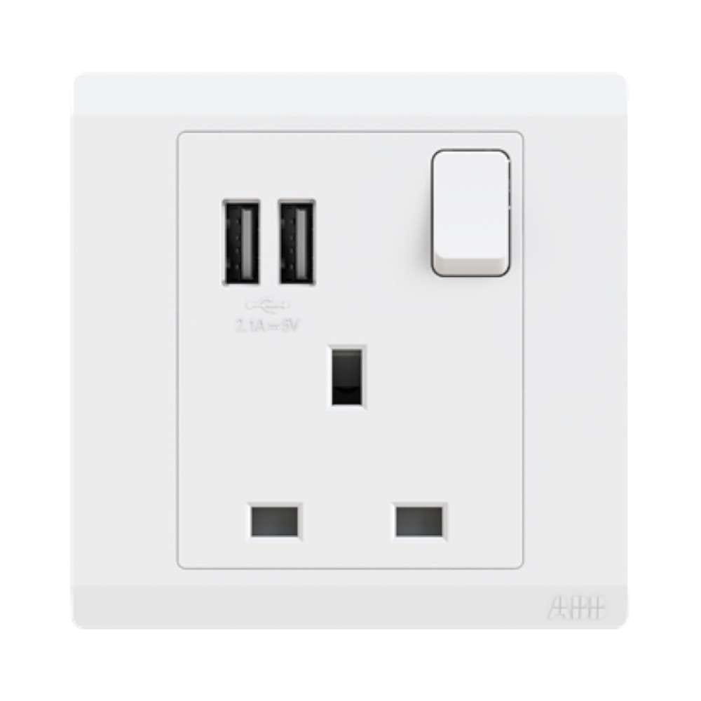 ABB 1 Gang 13Amp Switch Socket Double Pole with USB, Inora BL261, White