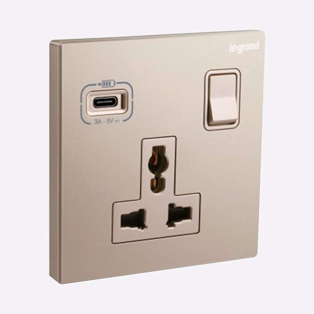 Legrand Galion 1-Gang Multistandard Switched Socket with USB-Type-C 18W, Suitable for Office & Hotels - Rose Gold