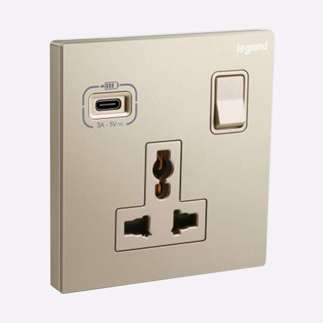 Legrand Galion 1-Gang Multistandard Switched Socket with USB-Type-C, Suitable for Office & Hotels - Champagne