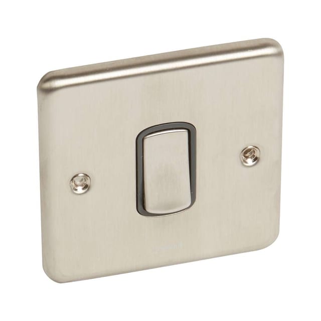 Legrand Bell Push Switch 10A 833007, Brushed Stainless Finish, Momentary Push, Clear Legend