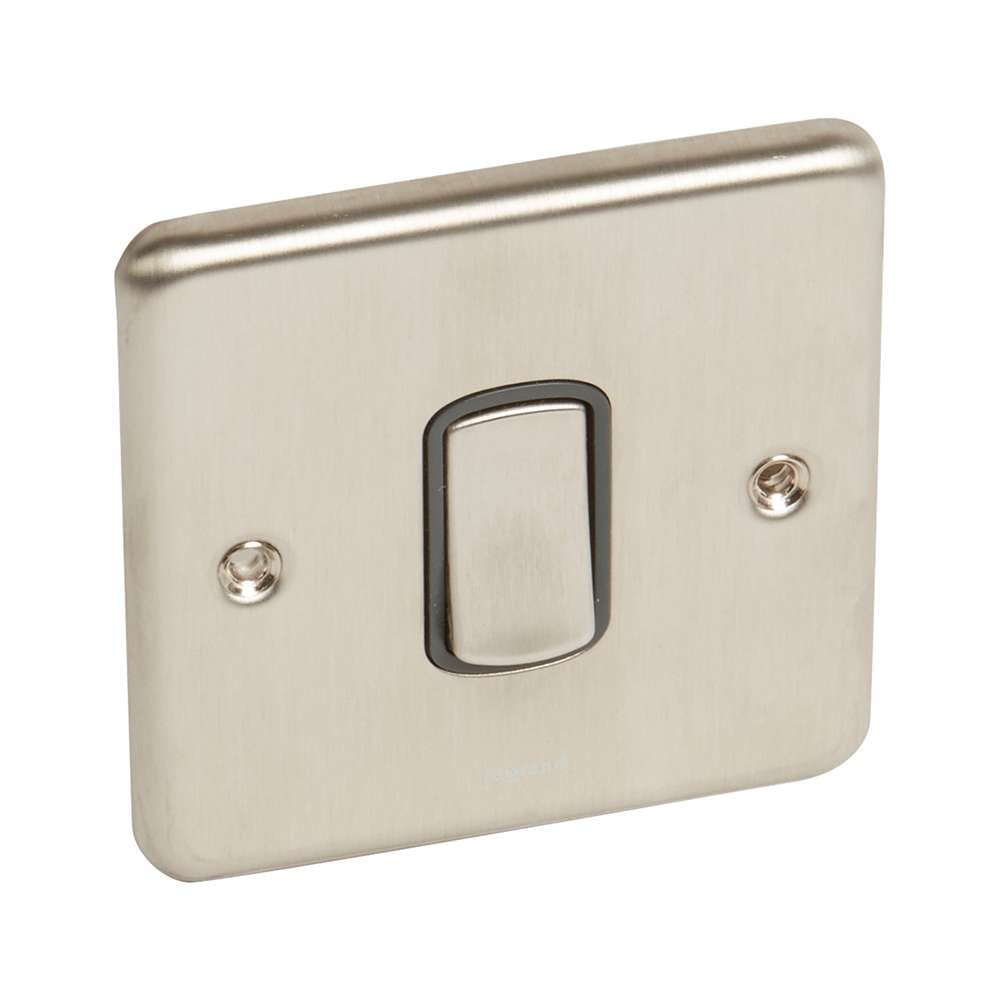 Legrand Bell Push Switch 10A 833007, Brushed Stainless Finish, Momentary Push, Clear Legend