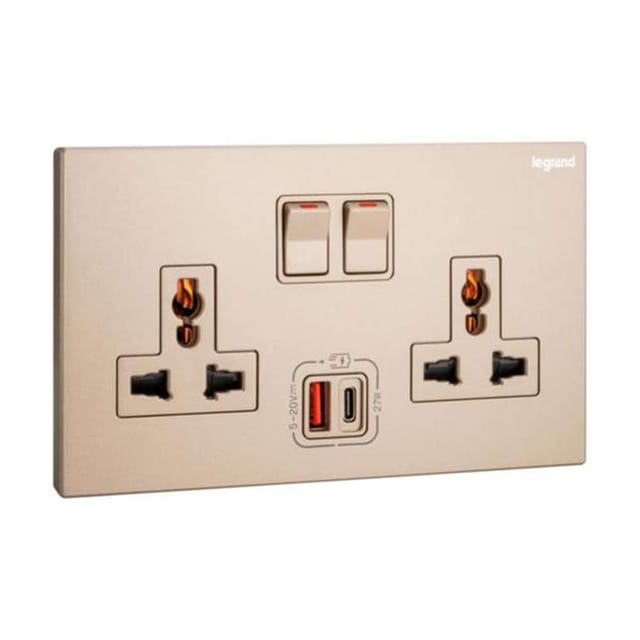 Legrand Galion 2-Gang Multistandard Switched Socket with USB-A & USB-C, Universal Twin Power & Fast Charging, Suitable for Office & Hotel - Rose Gold