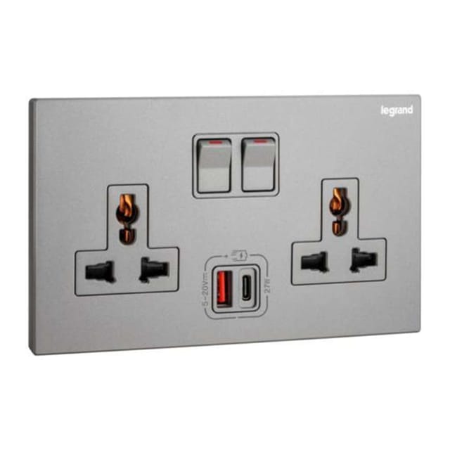 Legrand Galion 2-Gang Multistandard Switched Socket with USB-A & USB-C, Universal Twin Power & Fast Charging, Suitable for Office & Hotel - Dark Silver