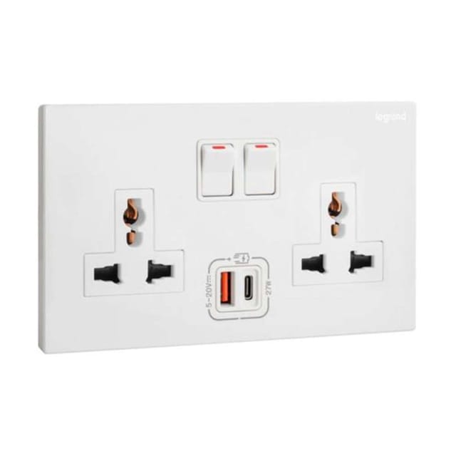 Legrand Galion 2-Gang Multistandard Switched Socket with USB-A & USB-C, Universal Twin Power & Fast Charging, Suitable for Office & Hotel - White