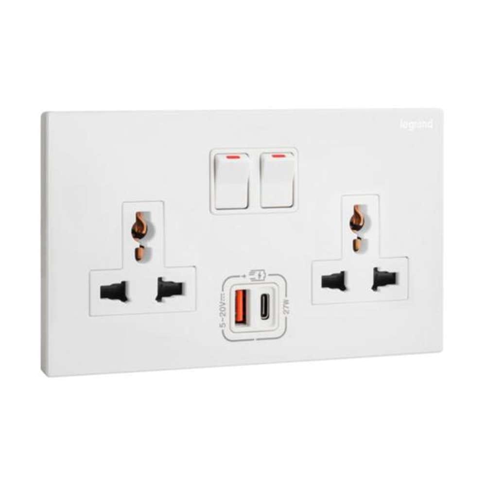 Legrand Galion 2-Gang Multistandard Switched Socket with USB-A & USB-C, Universal Twin Power & Fast Charging, Suitable for Office & Hotel - White