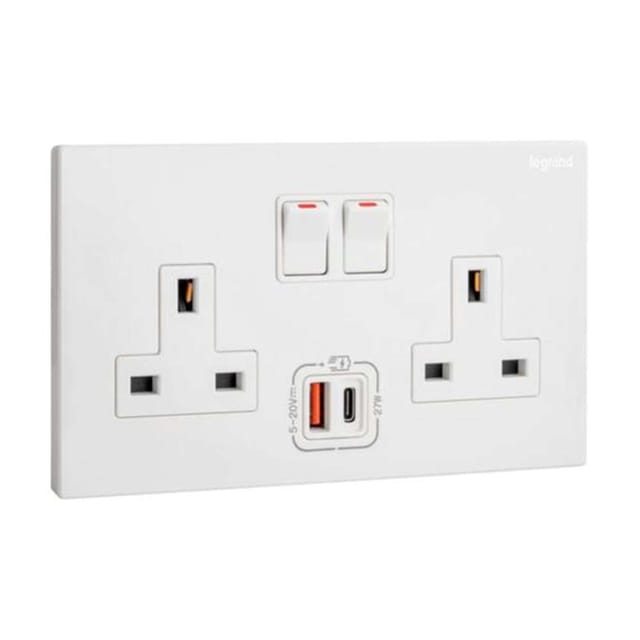 Legrand Galion 2-Gang BS 13A Single Pole Switched Socket with USB A & USB C 27W Power & Fast Charge, Suitable for Office - White
