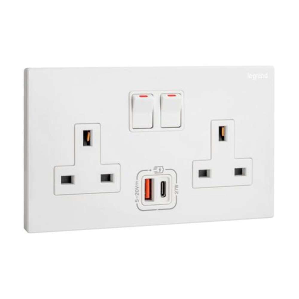 Legrand Galion 2-Gang BS 13A Single Pole Switched Socket with USB A & USB C 27W Power & Fast Charge, Suitable for Office - White