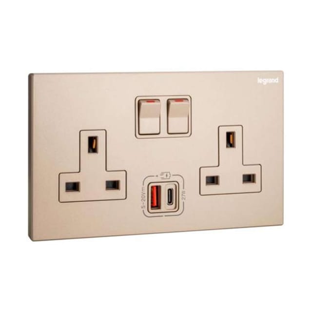 Legrand Galion 2-Gang BS 13A Single Pole Switched Socket with USB A & USB C 27W Power & Fast Charge, Suitable for Office - Rose Gold