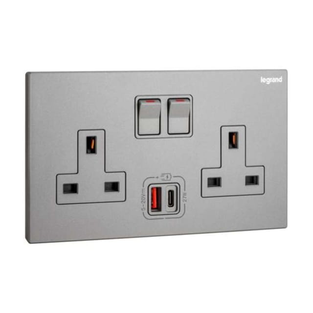 Legrand Galion 2-Gang BS 13A Single Pole Switched Socket with USB A & USB C 27W Power & Fast Charge, Suitable for Office - Dark Silver