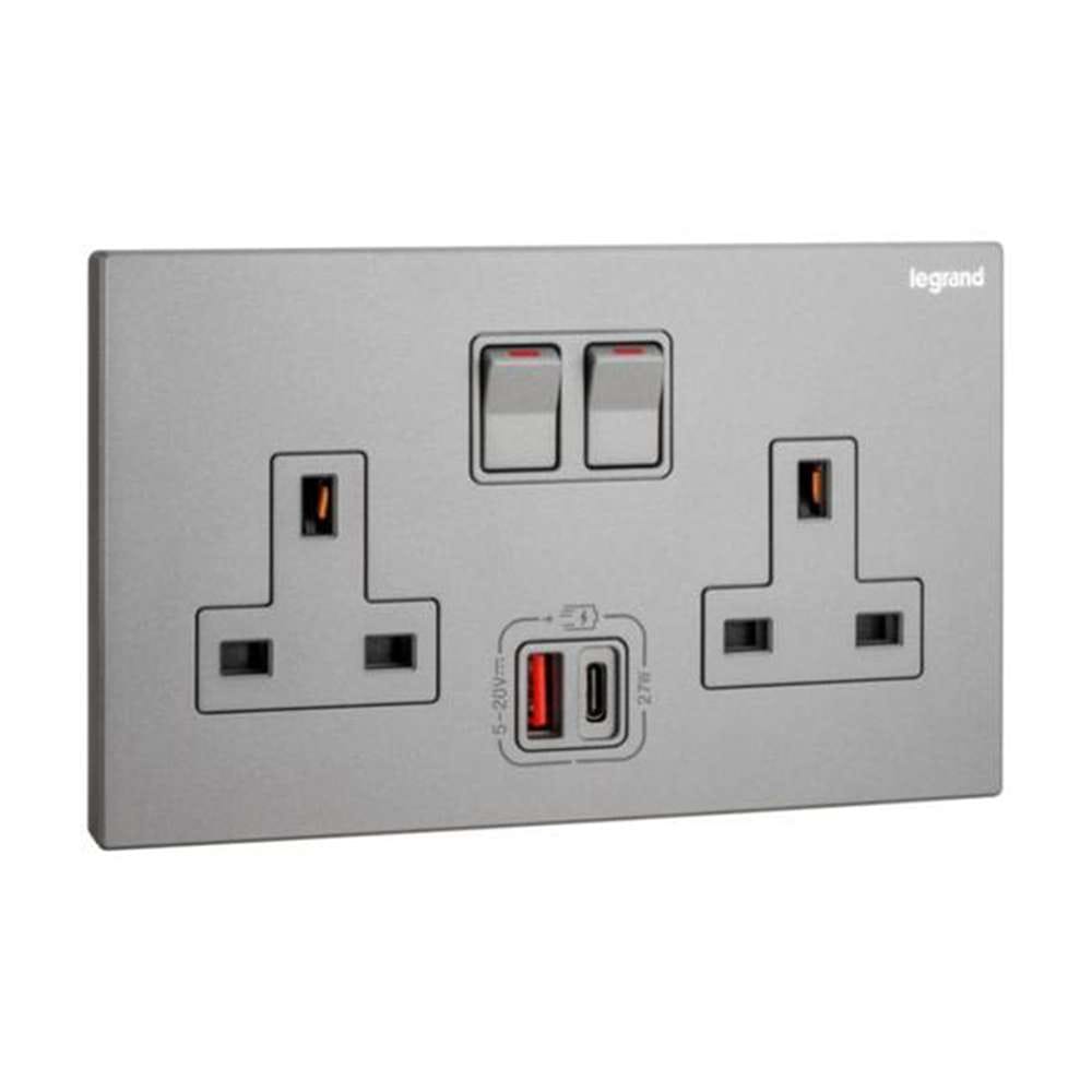 Legrand Galion 2-Gang BS 13A Single Pole Switched Socket with USB A & USB C 27W Power & Fast Charge, Suitable for Office - Dark Silver
