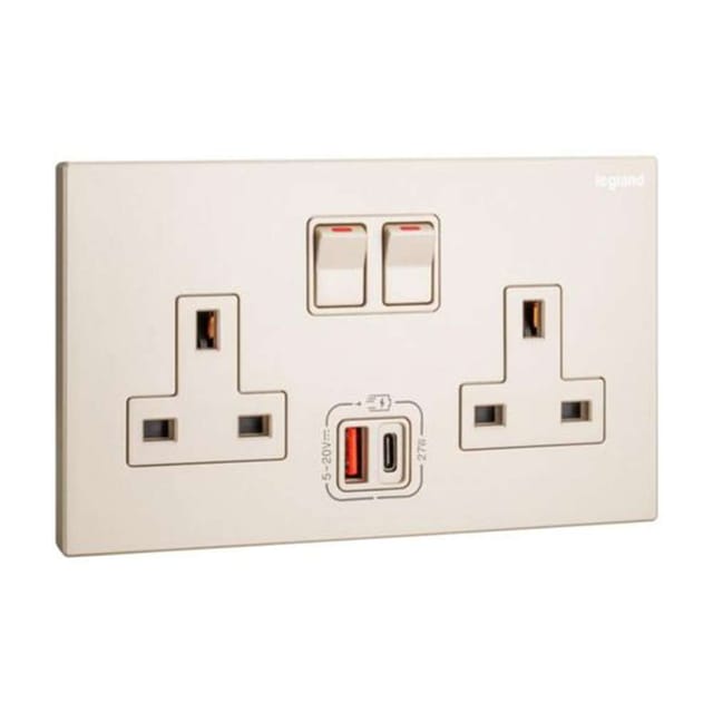 Legrand Galion 2-Gang BS 13A Single Pole Switched Socket with USB A & USB C 27W Power & Fast Charge, Suitable for Office - Champagne