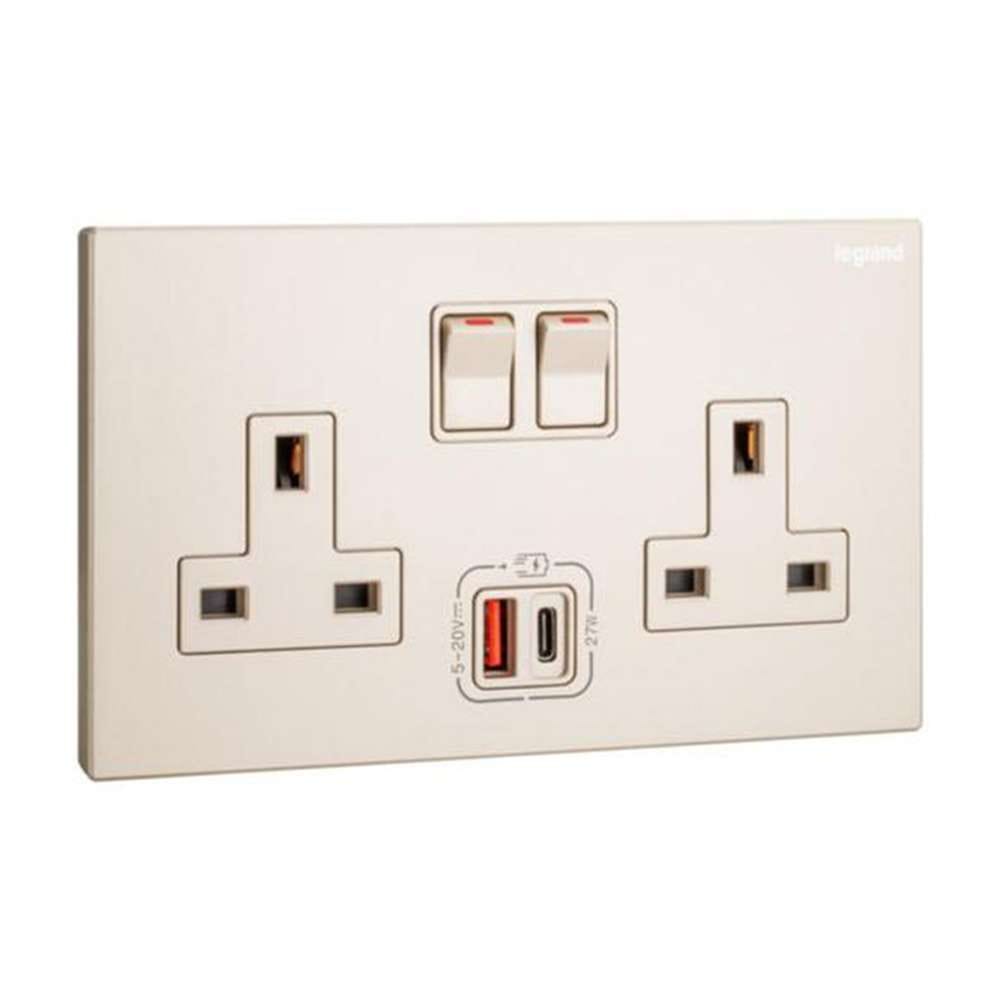 Legrand Galion 2-Gang BS 13A Single Pole Switched Socket with USB A & USB C 27W Power & Fast Charge, Suitable for Office - Champagne