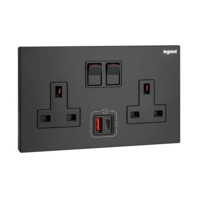 Legrand Galion 2-Gang BS 13A Single Pole Switched Socket with USB A & USB C 27W Power & Fast Charge, Suitable for Office - Black