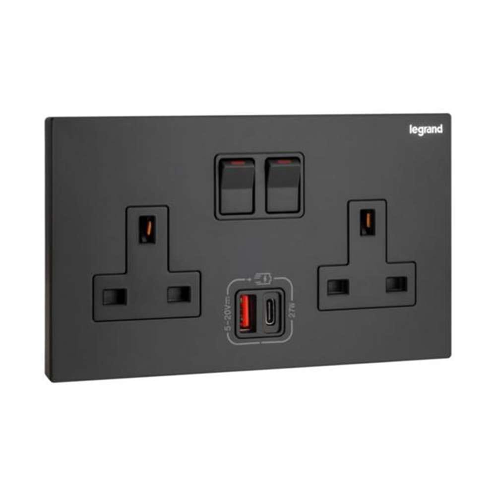 Legrand Galion 2-Gang BS 13A Single Pole Switched Socket with USB A & USB C 27W Power & Fast Charge, Suitable for Office - Black