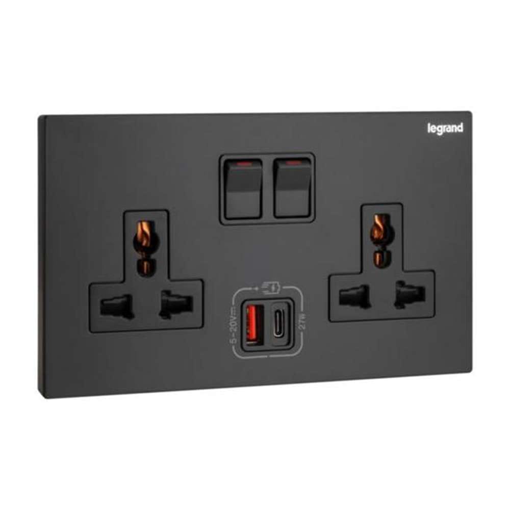 Legrand Galion 2-Gang Multistandard Switched Socket with USB-A & USB-C, Universal Twin Power & Fast Charging, Suitable for Office & Hotel - Black