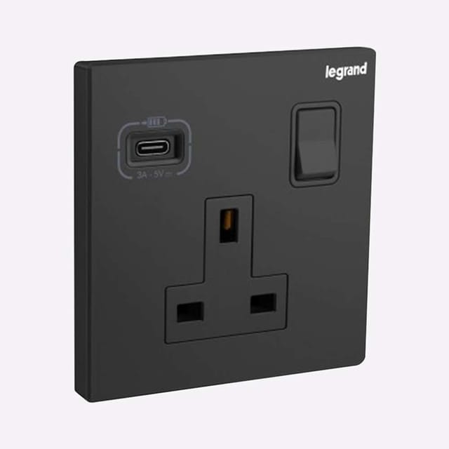 Legrand Galion 1-Gang 13A Switched Socket with USB-Type-C Fast Charging, Suitable for Office - Black
