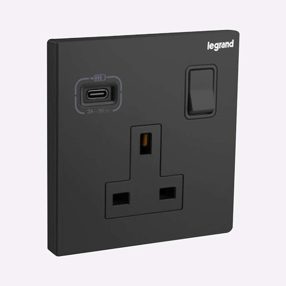 Legrand Galion 1-Gang 13A Switched Socket with USB-Type-C Fast Charging, Suitable for Office - Black