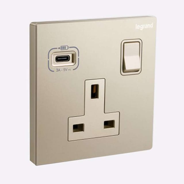 Legrand Galion 1-Gang 13A Switched Socket with USB-Type-C Fast Charging, Suitable for Office - Champagne