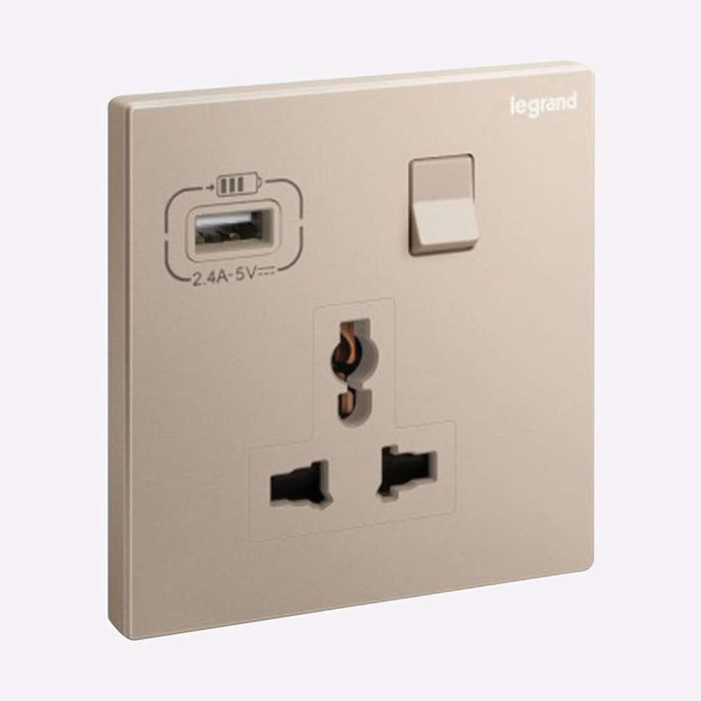 Legrand Galion 1-Gang Multistandard Switched Socket with USB-A, Universal Power & Charging, Suitable for Office & Hotel - Rose Gold