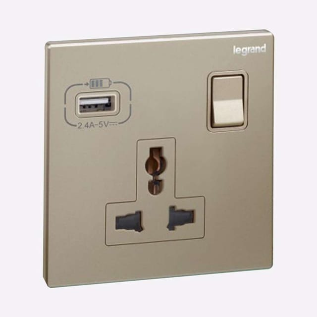 Legrand Galion 1-Gang Multistandard Switched Socket with USB-A, Universal Power & Charging, Suitable for Office & Hotel - Champagne