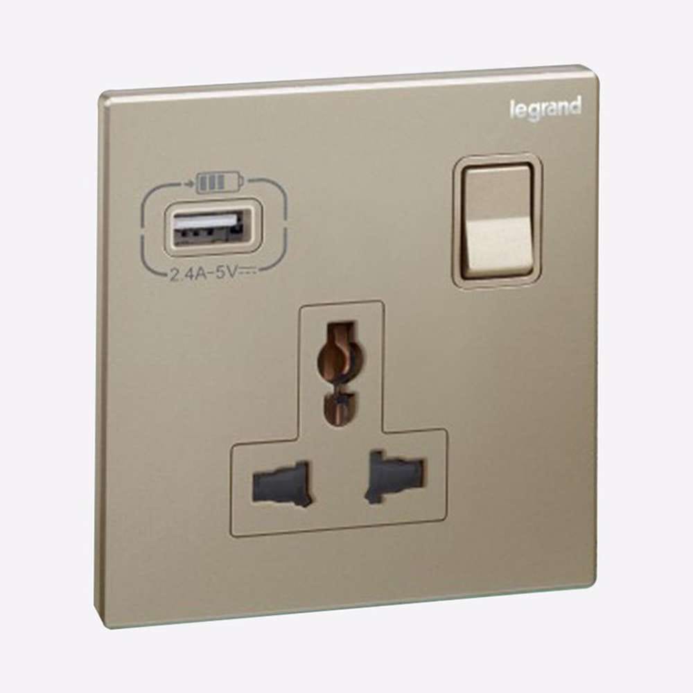 Legrand Galion 1-Gang Multistandard Switched Socket with USB-A, Universal Power & Charging, Suitable for Office & Hotel - Champagne