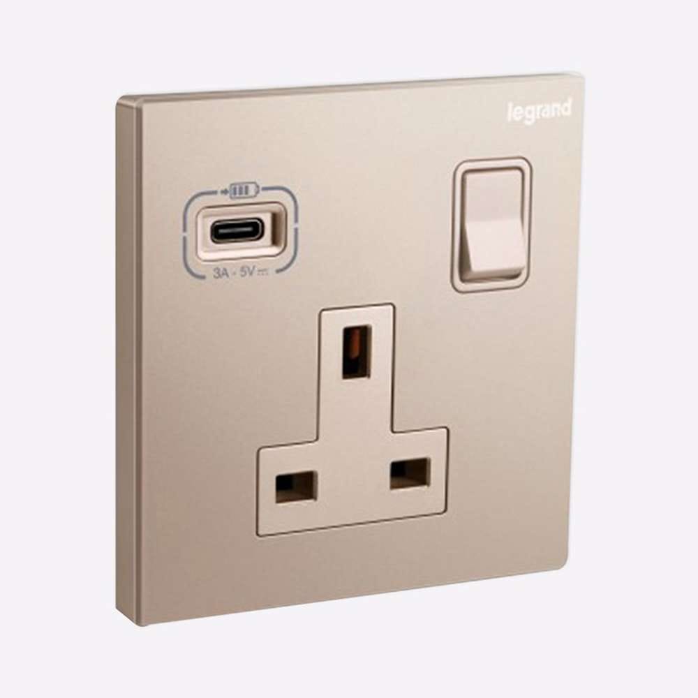 Legrand Galion 1-Gang 13A Switched Socket with USB-Type-C Fast Charging, Suitable for Office - Rose Gold