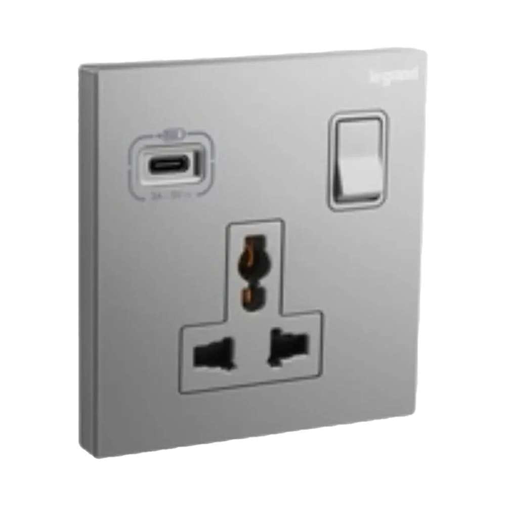 Legrand Galion 1-Gang 13A Switched Socket with USB-Type-C Fast Charging, Suitable for Office - Dark Silver