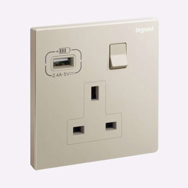 Legrand Galion 1-Gang 13A Switched Socket with USB-A, Power with Charge on One Plate, Suitable for Modern Home & Office - Champagne
