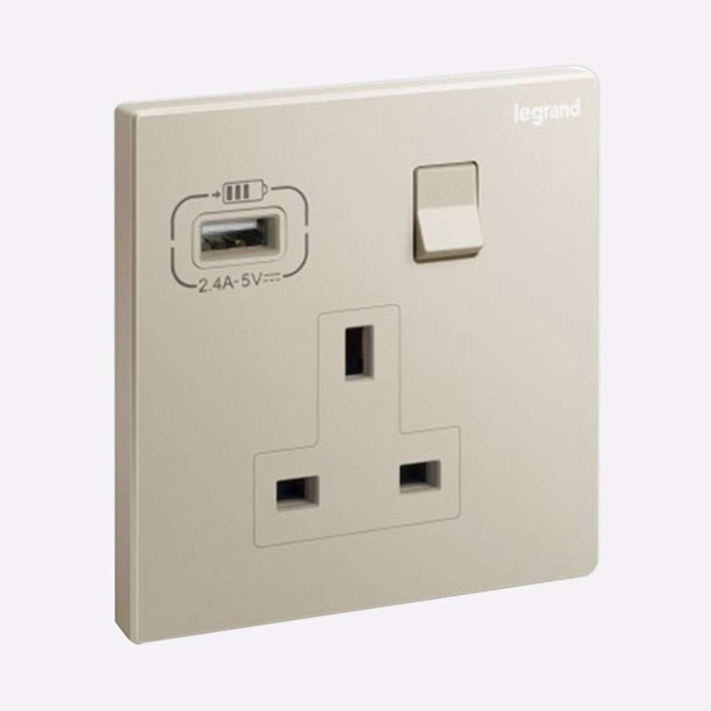 Legrand Galion 1-Gang 13A Switched Socket with USB-A, Power with Charge on One Plate, Suitable for Modern Home & Office - Champagne