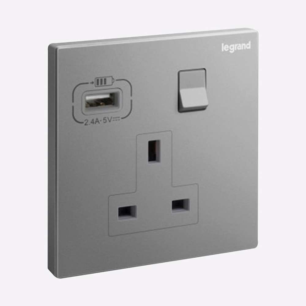 Legrand Galion 1-Gang 13A Switched Socket with USB-A, Power with Charge on One Plate, Suitable for Modern Home & Office - Dark Silver