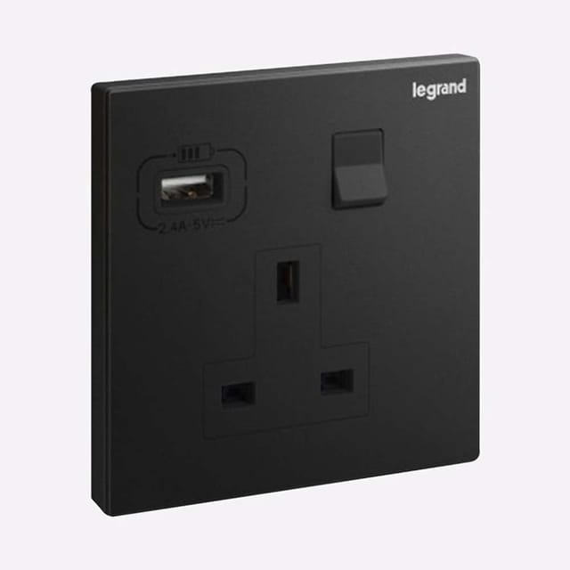 Legrand Galion 1-Gang 13A Switched Socket with USB-A, Power with Charge on One Plate, Suitable for Modern Home & Office - Black