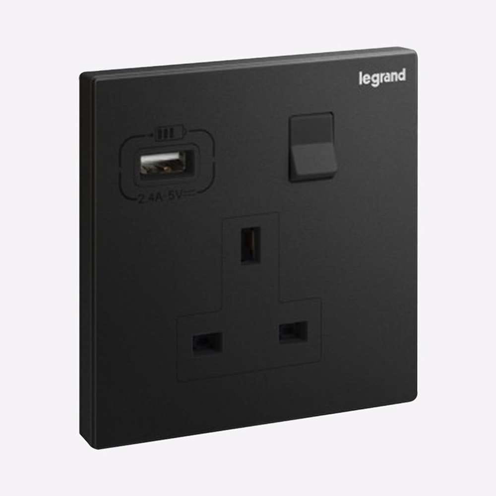 Legrand Galion 1-Gang 13A Switched Socket with USB-A, Power with Charge on One Plate, Suitable for Modern Home & Office - Black