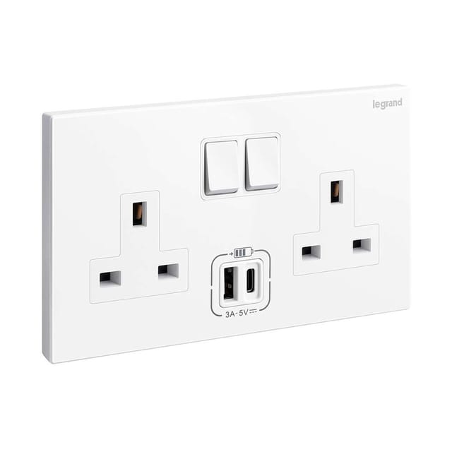 Legrand Galion 13A Double Switched Socket with USB-A & USB-C, Twin Power & Fast Charge, Suitable for Hotels & Office - White
