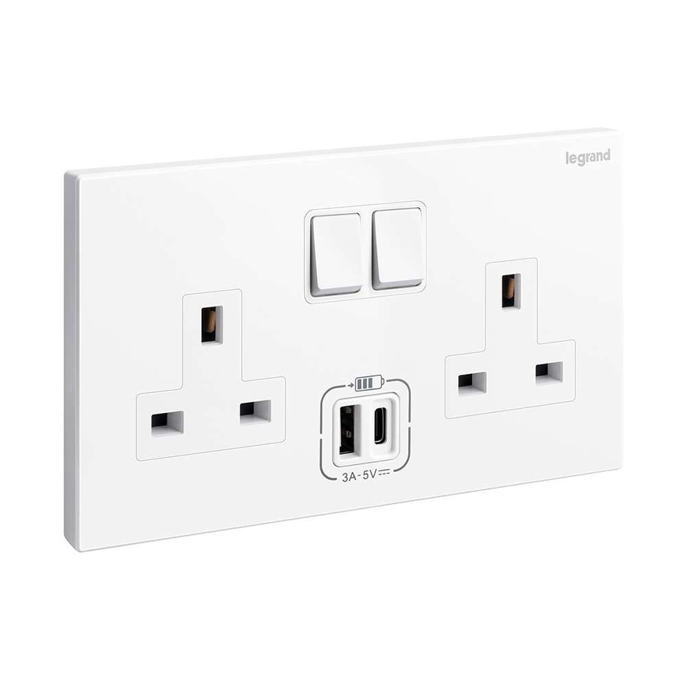 Legrand Galion 13A Double Switched Socket with USB-A & USB-C, Twin Power & Fast Charge, Suitable for Hotels & Office - White