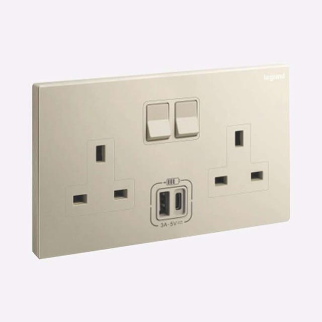 Legrand Galion 13A Double Switched Socket with USB-A & USB-C, Twin Power & Fast Charge, Suitable for Hotels & Office - Champagne