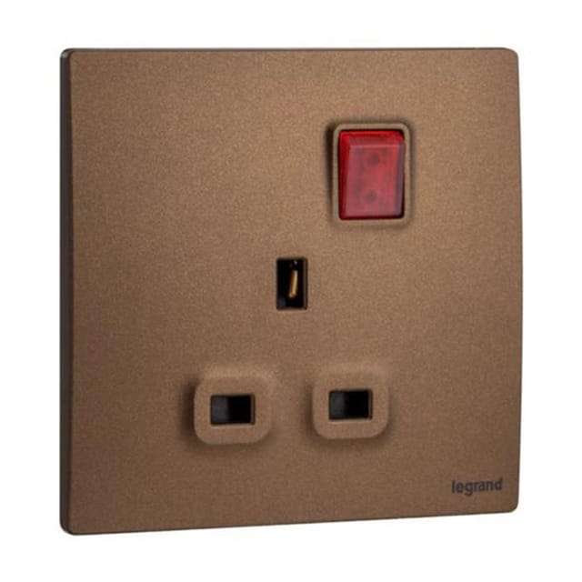 Legrand Mallia Senses 13A 1 Gang Single Pole Switched Socket with LED, Status-Lit Single Outlet, Suitable for Home & Office - Dark Bronze