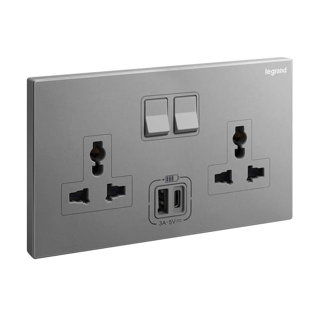 Legrand Galion 2-Gang Universal Switched Socket with USB-A & USB-C, Twin Universal & Charge, Suitable for Home - Dark Silver