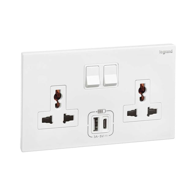 Legrand Galion 2-Gang Universal Switched Socket with USB-A & USB-C, Twin Universal & Charge, Suitable for Home - White