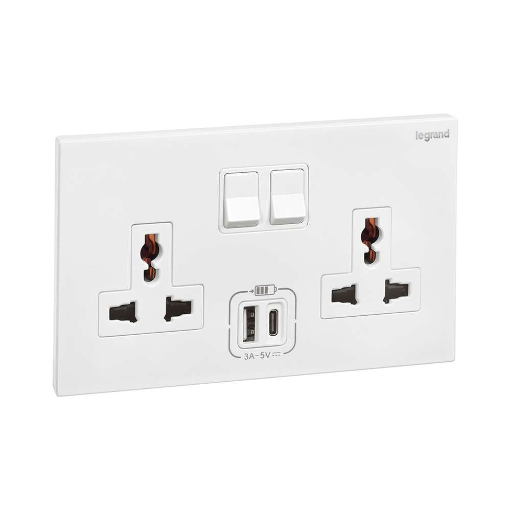 Legrand Galion 2-Gang Universal Switched Socket with USB-A & USB-C, Twin Universal & Charge, Suitable for Home - White