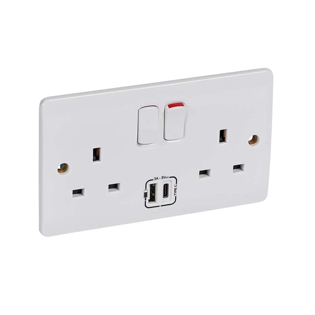 Legrand Synergy 13A Double Switched Socket with USB A & C, Power with Charging, Suitable for Home & Office - White