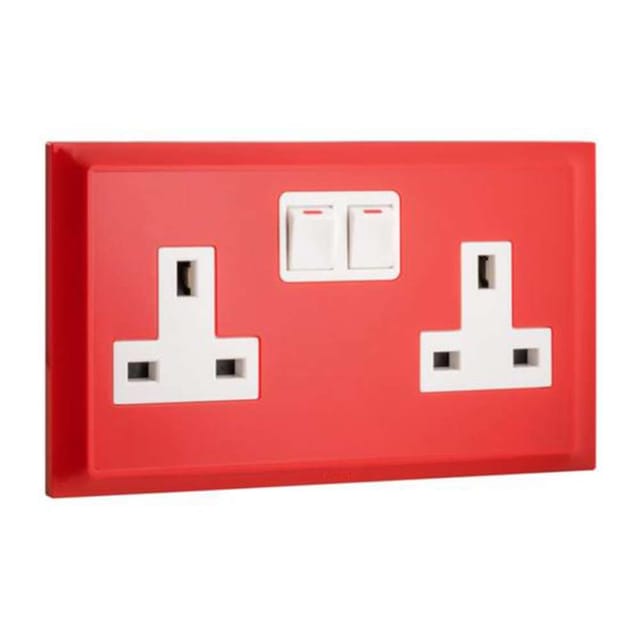 Legrand Belanko S 2-Gang 13A Single Pole Switched Socket, Red Inboard Rockers with Neon, High-Visibility Control - White