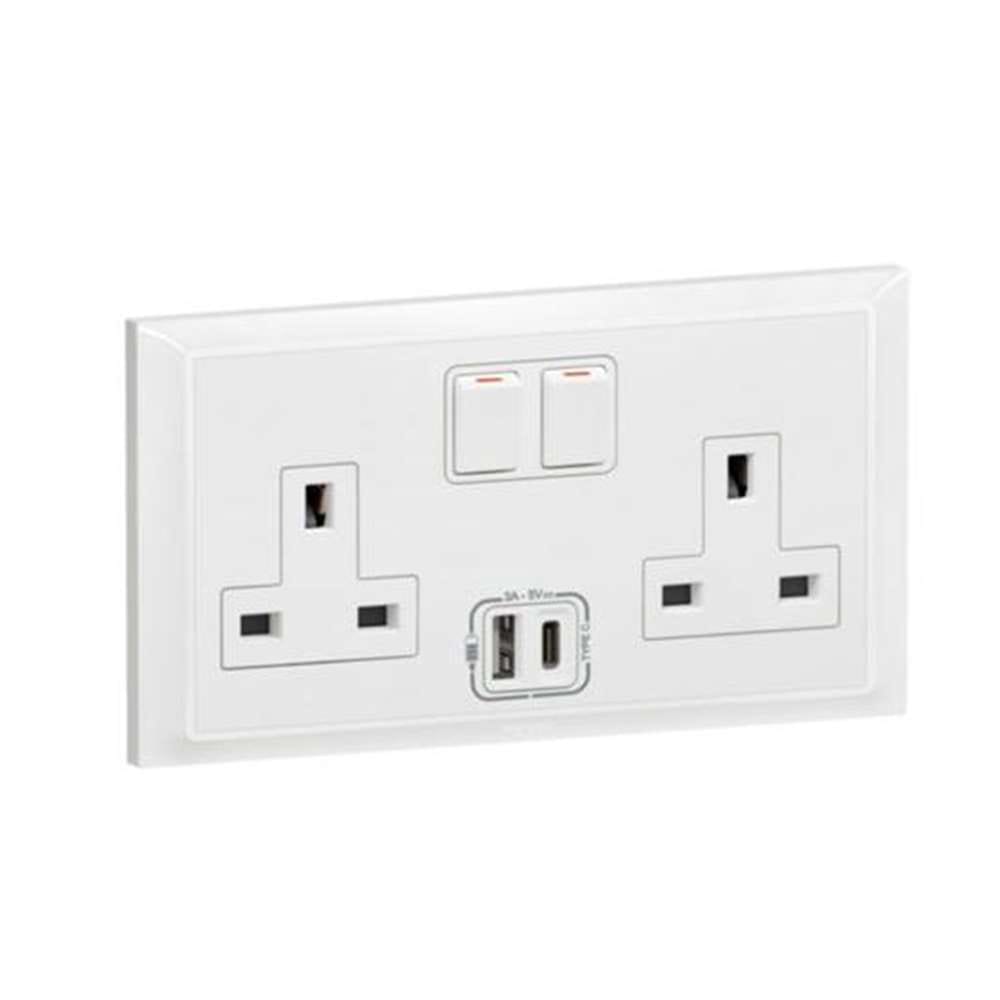 Legrand Belanko S 13A Double BS Switched Socket with USB-A & USB-C, Twin Power & Fast Charge, Suitable for Office - White