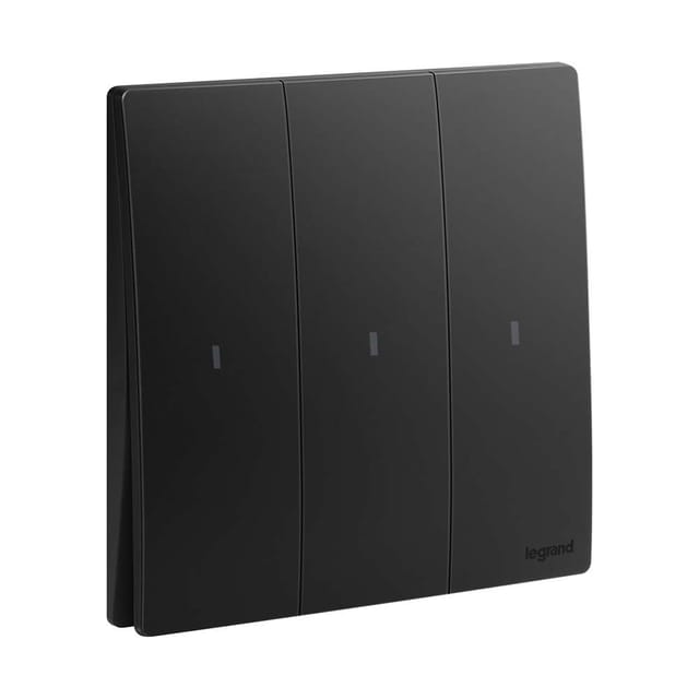 Legrand Mallia Senses 3-Gang 1-Way 16AX Illuminated Switch, Night-Locator Triple Control, Suitable for Home & Office - Matt Black