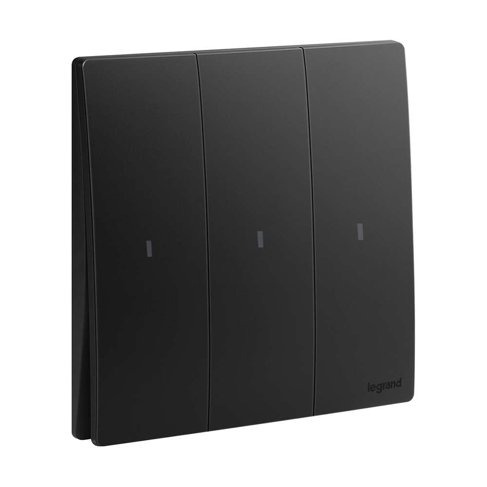 Legrand Mallia Senses 3-Gang 2-Way 16AX Illuminated Switch,Two-Point, Triple-Circuit Control, Suitable for Home & Office - Matt Black