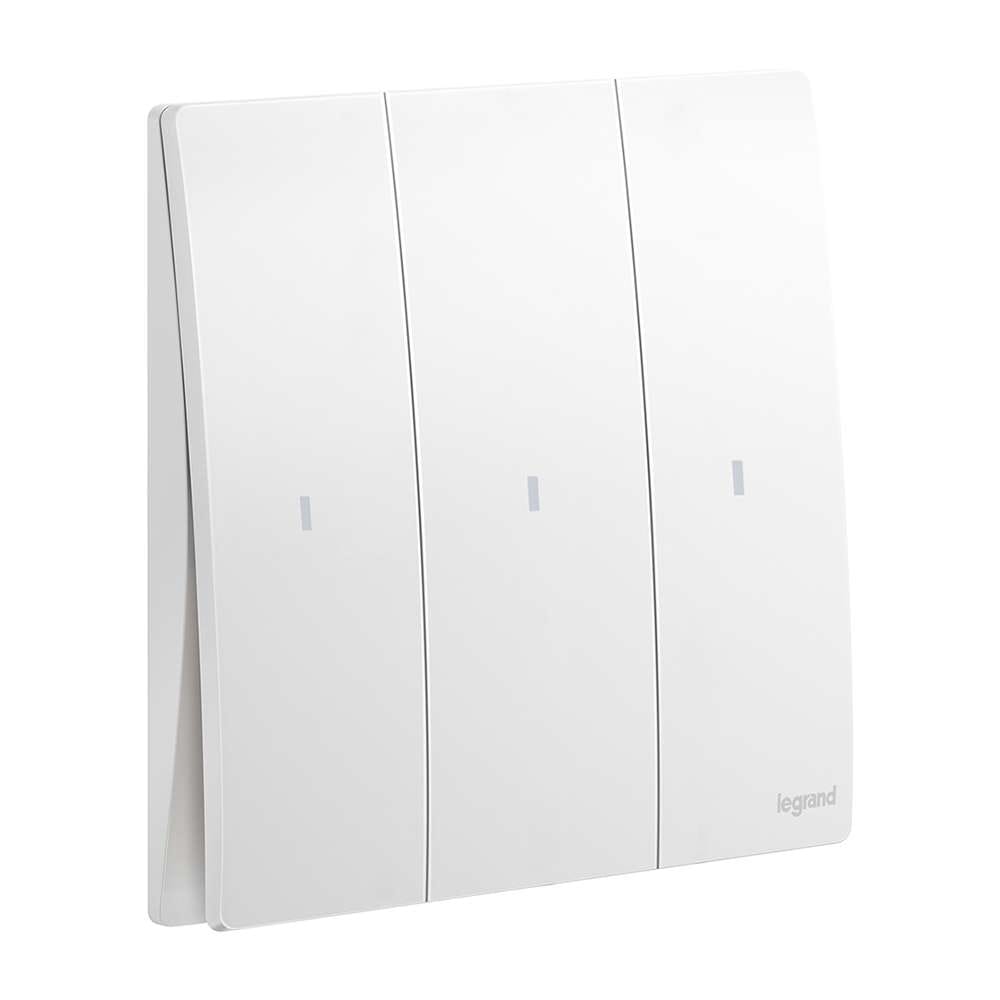 Legrand Mallia Senses 3-Gang 2-Way 16AX Illuminated Switch,Two-Point, Triple-Circuit Control, Suitable for Home & Office - White