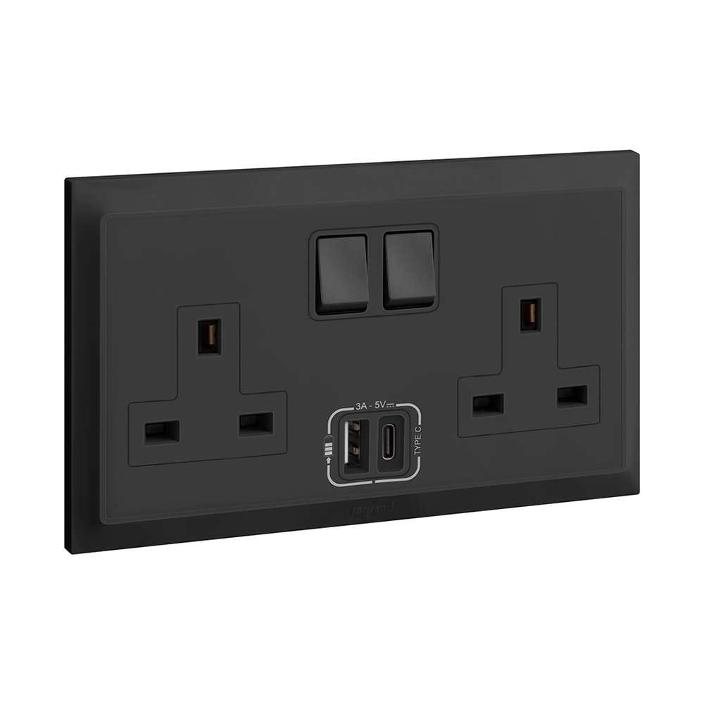 Legrand Belanko S 13A Double BS Switched Socket with USB-A & USB-C, Twin Power & Fast Charge, Suitable for Office - Anthracite